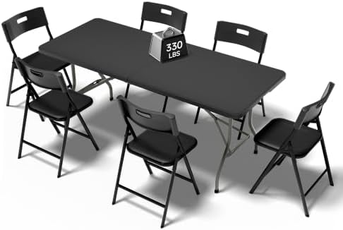6FT Folding Table Set with 6 Chairs - Heavy-Duty 330 lb Black Table & 330 lb Black Chairs, Portable Foldable