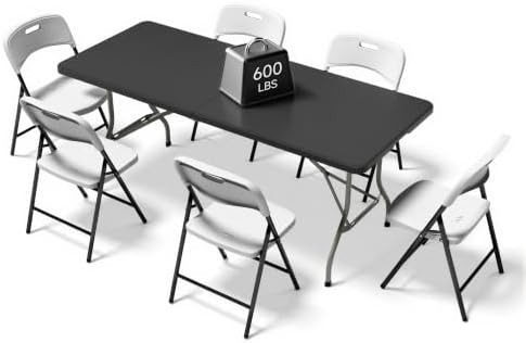 6FT Folding Table Set with 6 Chairs - Heavy-Duty 330 lb Black Table & 600 lb White Chairs, Portable Foldable