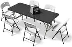 6FT Folding Table Set with 6 Chairs - Heavy-Duty 330 lb Black Table & 600 lb White Chairs, Portable Foldable