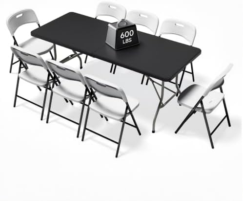 6FT Folding Table Set with 8 Folding Chairs, Heavy Duty 330 lbs Black Table & 600 lbs White Chairs, Portable