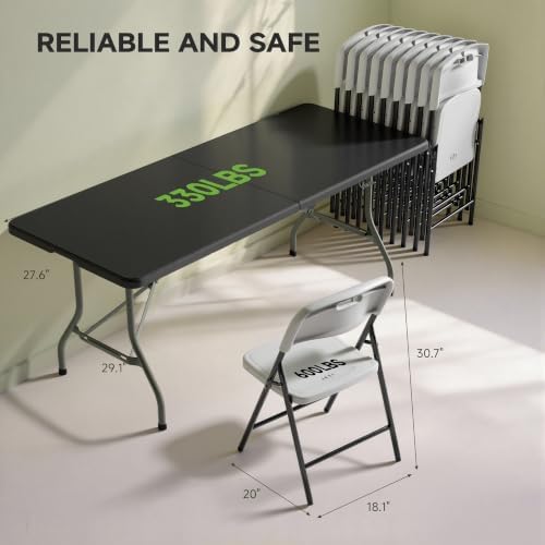 6FT Folding Table Set with 8 Folding Chairs, Heavy Duty 330 lbs Black Table & 600 lbs White Chairs, Portable, alternate view