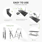 6FT Folding Table Set with 8 Folding Chairs, Heavy Duty 330 lbs Black Table & 600 lbs White Chairs, Portable, alternate view
