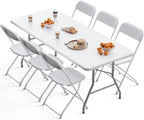 6FT Folding Table with 6 White Folding Chairs Set for Outdoor Use