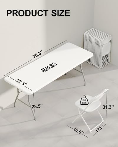 6FT Folding Table with 6 White Folding Chairs Set for Outdoor Use, alternate view 3
