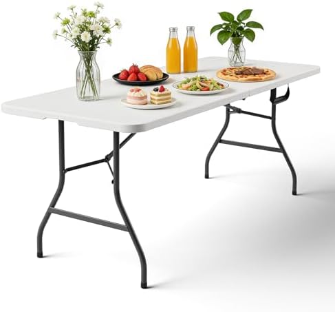 6ft Folding Table with Handle, Heavy Duty Plastic Table, 300 lbs Portable Table, Reinforced Steel Legs, High