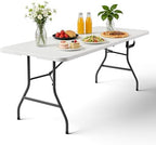 6ft Folding Table with Handle, Heavy Duty Plastic Table, 300 lbs Portable Table, Reinforced Steel Legs, High