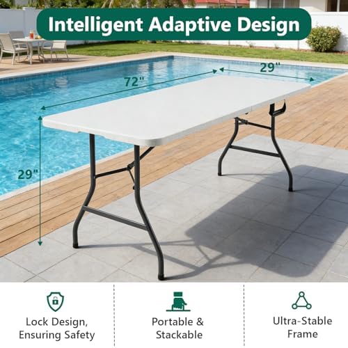 6ft Folding Table with Handle, Heavy Duty Plastic Table, 300 lbs Portable Table, Reinforced Steel Legs, High, alternate view