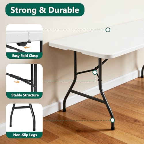 6ft Folding Table with Handle, Heavy Duty Plastic Table, 300 lbs Portable Table, Reinforced Steel Legs, High, alternate view