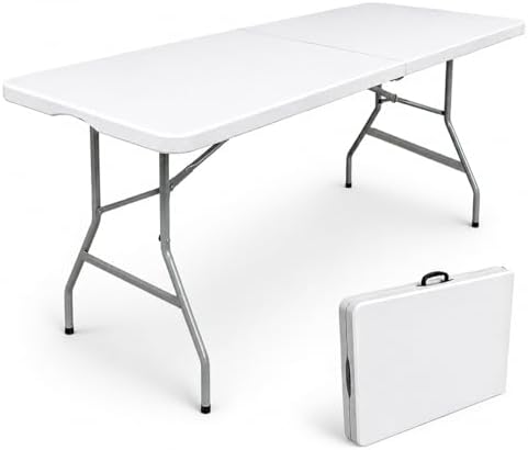 6ft Folding Table with Handle, Portable Plastic Table, White in White