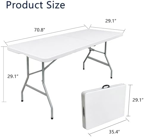 6ft Folding Table with Handle, Portable Plastic Table, White in White, alternate view 3