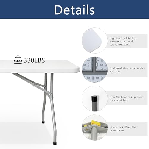 6ft Folding Table with Handle, Portable Plastic Table, White in White, alternate view 4