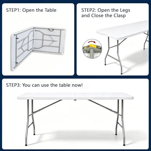 6ft Folding Table with Handle, Portable Plastic Table, White in White, alternate view 5