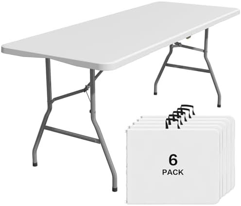 6FT Folding Tables for Camping Party Picnic, School, 6 Pack, White in White