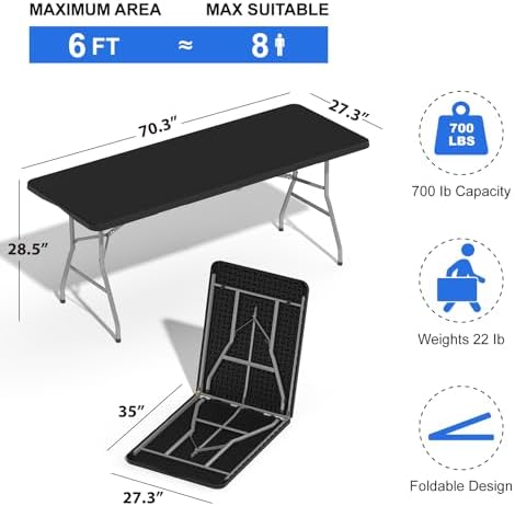 6FT Folding Tables for Camping Party Picnic, School, 8 Pack, Black in Black, alternate view 2