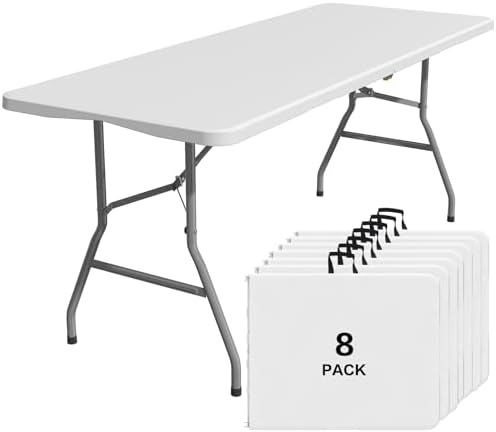 6FT Folding Tables for Camping Party Picnic, School, 8 Pack, White in White