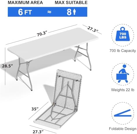6FT Folding Tables for Camping Party Picnic, School, 8 Pack, White in White, alternate view 2