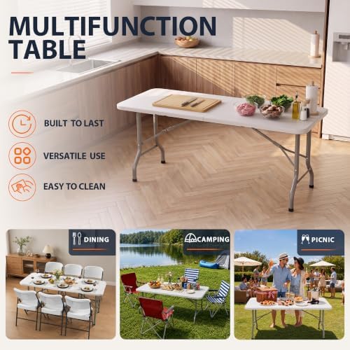 6FT Heavy Duty Folding Table, Portable Utility Table for Parties, Events, and Dining, Supports up to 330 lbs, alternate view