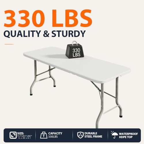 6FT Heavy Duty Folding Table, Portable Utility Table for Parties, Events, and Dining, Supports up to 330 lbs, alternate view