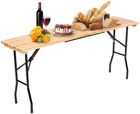 6FT Narrow Folding Table with Handle, Portable Wood Top Folding Table, Fold-in-Half Design for Camping, Party