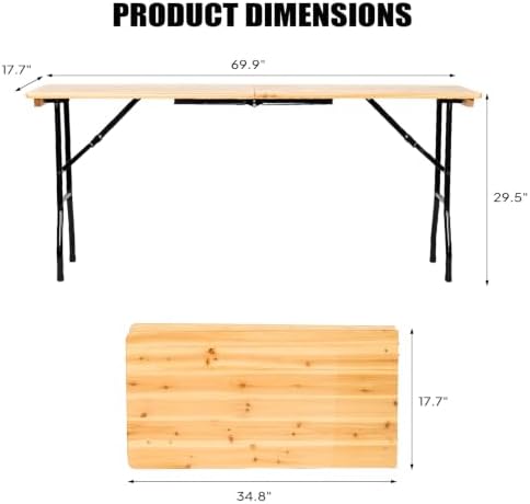 6FT Narrow Folding Table with Handle, Portable Wood Top Folding Table, Fold-in-Half Design for Camping, Party, alternate view