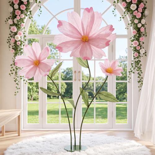 6ft Pink Giant Flowers for Decoration with Stand, Fake Silk Daisy in Pink