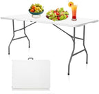 6FT Plastic Folding Table, Fold-in-Half with Carry Handle, White in White