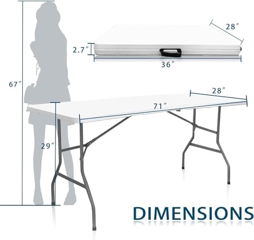 6FT Plastic Folding Table, Fold-in-Half with Carry Handle, White in White, alternate view 3