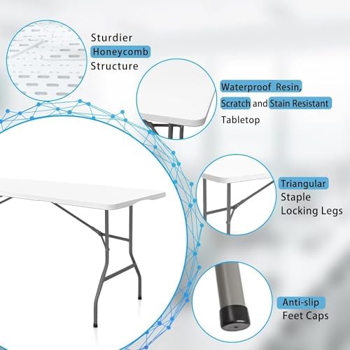 6FT Plastic Folding Table, Fold-in-Half with Carry Handle, White in White, alternate view 6