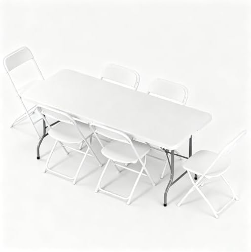 6FT Plastic Folding Table Set with 6 White Chairs, Heavy Duty