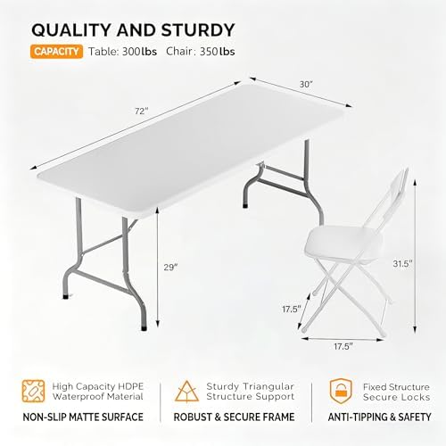 6FT Plastic Folding Table Set with 6 White Chairs, Heavy Duty, alternate view 2