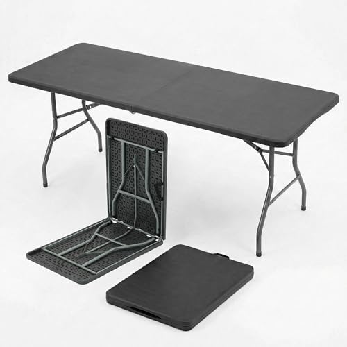 6FT Portable Plastic Folding Table, Heavy Duty, Fold-in-Half, Black in Black