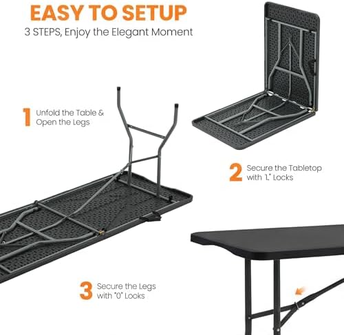 6FT Portable Plastic Folding Table, Heavy Duty, Fold-in-Half, Black in Black, alternate view 3
