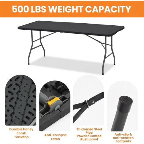 6FT Portable Plastic Folding Table, Heavy Duty, Fold-in-Half, Black in Black, alternate view 4