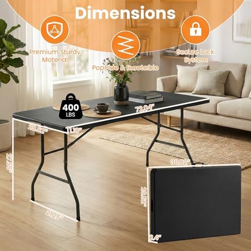 6FT Portable Plastic Folding Table, Heavy Duty, Fold-in-Half, Black in Black, alternate view 5