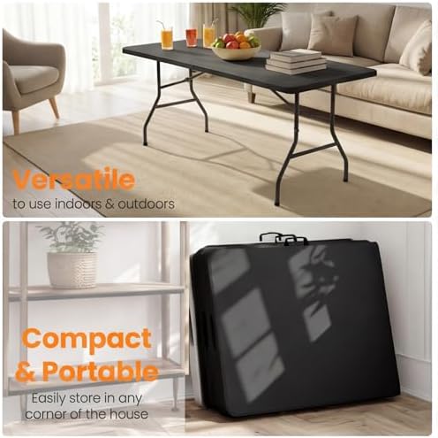 6FT Portable Plastic Folding Table, Heavy Duty, Fold-in-Half, Black in Black, alternate view 6