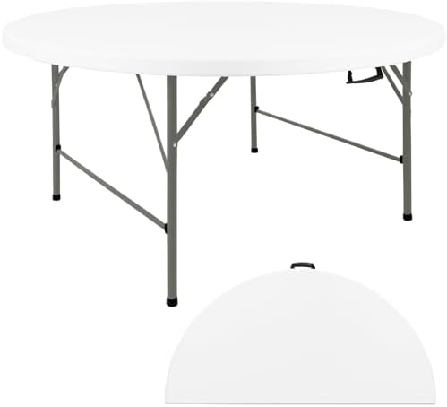 6FT Round Folding Table White Fold-in-Half with Carrying Handle Portable Plastic Card Table for Indoor or