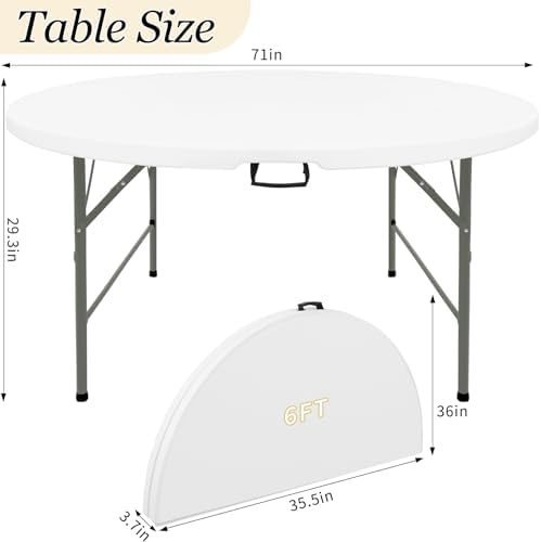 6FT Round Folding Table White Fold-in-Half with Carrying Handle Portable Plastic Card Table for Indoor or, alternate view 2