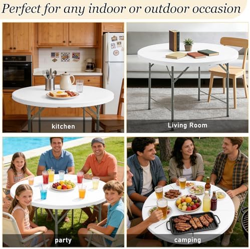 6FT Round Folding Table White Fold-in-Half with Carrying Handle Portable Plastic Card Table for Indoor or, alternate view 4