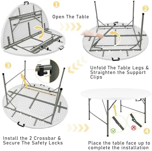 6FT Round Folding Table White Fold-in-Half with Carrying Handle Portable Plastic Card Table for Indoor or, alternate view 6