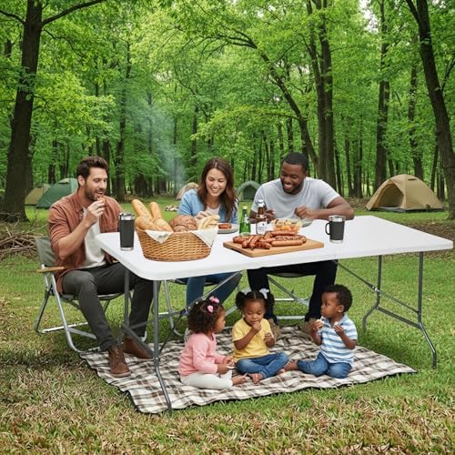 6ft Table Large Folding Table White Folding Table with Portable Carrying Handle 6ft Heavy Plastic Foldable Table, alternate