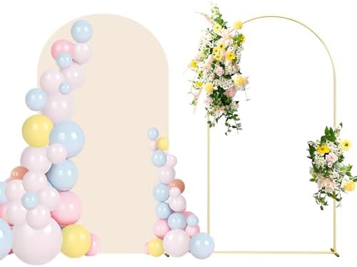6FT Wedding Arch Backdrop Stand and Beige Arch Cover, Beige Spandex Fitted Backdrop Cover and Gold Wedding Arch