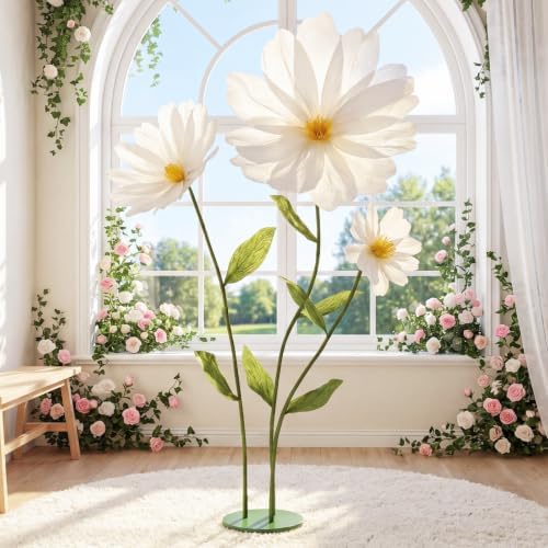 6ft White Giant Flowers for Decoration with Stand, Fake Silk Daisy in Daisy