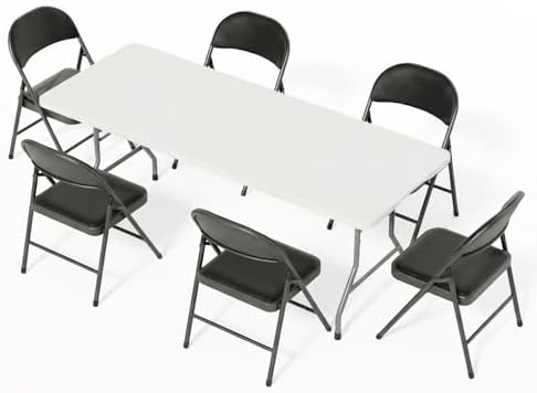 6FT White Plastic Folding Table Set with 6 Black PU Padded Chairs