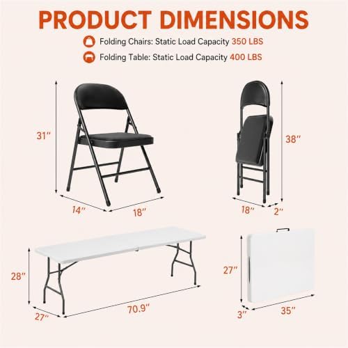 6FT White Plastic Folding Table Set with 6 Black PU Padded Chairs, alternate view 3