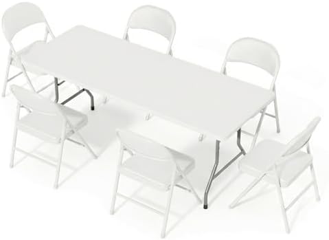 6FT White Plastic Folding Table Set with 6 White PU Padded Chairs