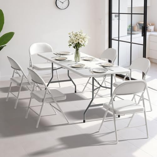 6FT White Plastic Folding Table Set with 6 White PU Padded Chairs, alternate view 2