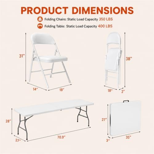 6FT White Plastic Folding Table Set with 6 White PU Padded Chairs, alternate view 3