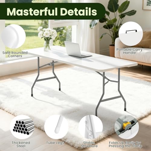 6FT White Plastic Folding Table Set with 6 White PU Padded Chairs, alternate view 5