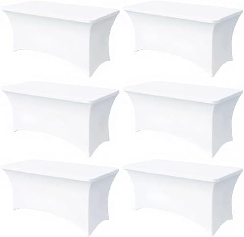 6FT White Table Cloth - 6 Pack Fitted Stretch Rectangle Spandex Tablecloth, Washable Table Cover for Party