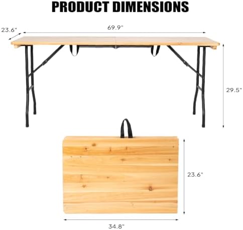 6FT Wide Folding Table with Handle, Portable Wood Top Folding Table, Fold-in-Half Design for Camping, Party, alternate view 3